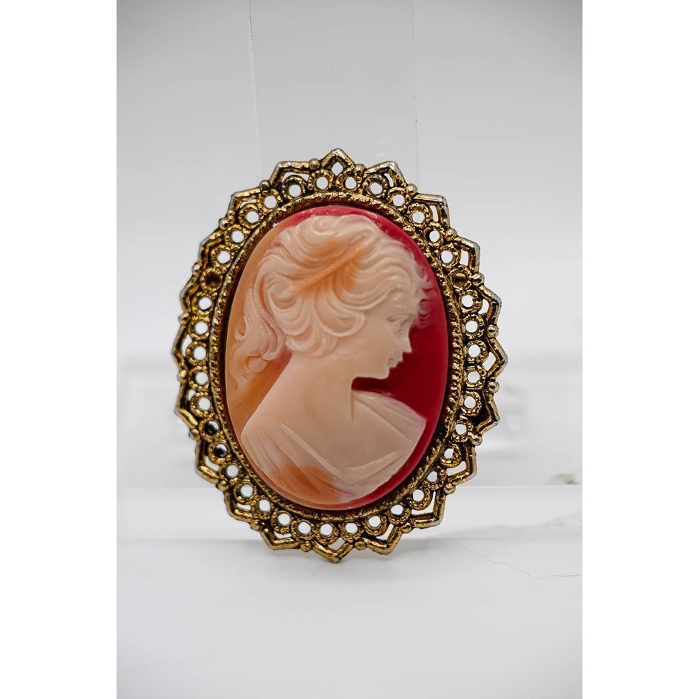 Vintage Oval Cameo Brooch Lady Gold Tone Filigree Pin Our lady of Sorrows